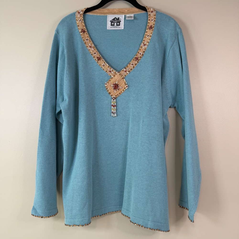 Storybook Knits 1X Jade Jewels Beaded Sequin V-Neck Sweater Bling Feminine